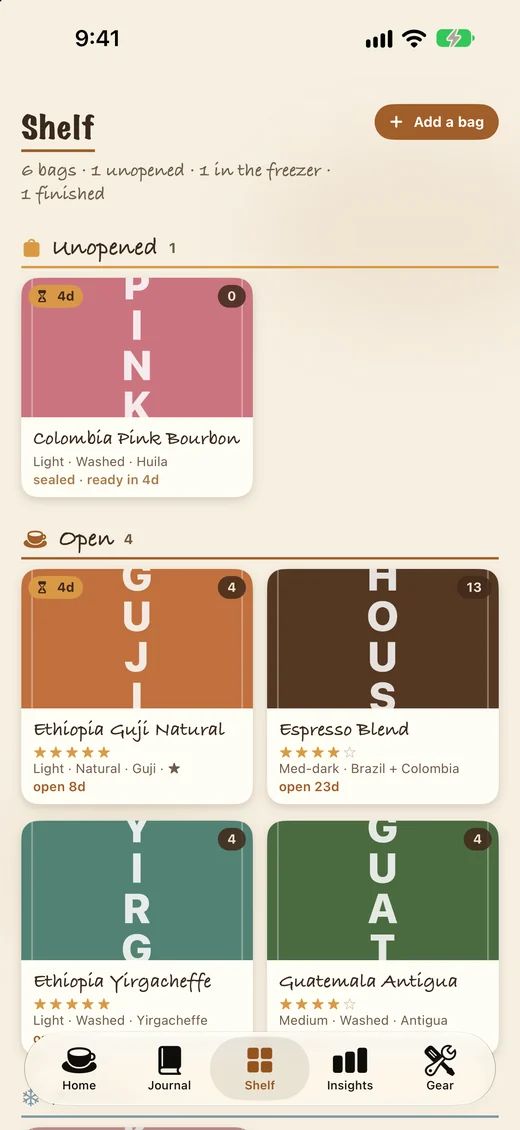 CoffeeBuddy: Bags, sealed to finished